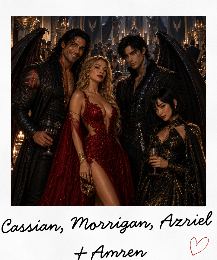 Four fantasy characters posed together in an opulent setting. The man on the left has long dark hair, wearing a black outfit with intricate designs, holding a glass. The central figure, a woman in a striking red dress with side cutouts, is holding a glass and has wavy hair. To her right is a man with dark hair in a black outfit with wings, and on the far right, a woman in a black and gold dress with short hair is also holding a glass.