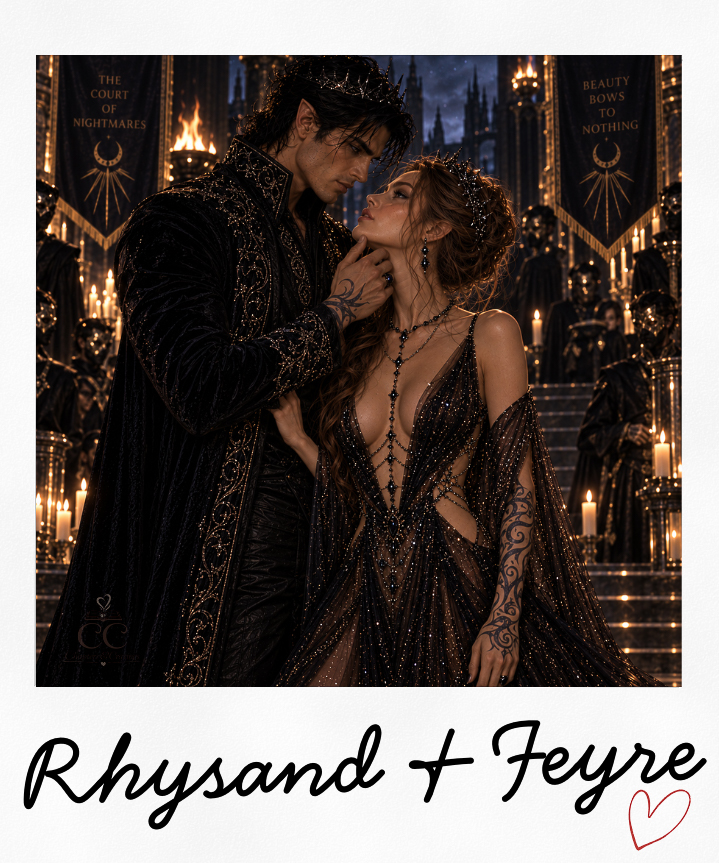 A romantic scene depicting two characters, a man and a woman, in elaborate dark costumes. They are gazing into each other's eyes, surrounded by an opulent backdrop featuring banners and candelabras, evoking a fantasy atmosphere.